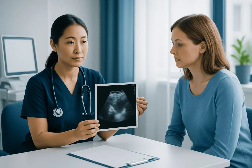 Doctor showing ultrasound image to patient in a medical consultation room.