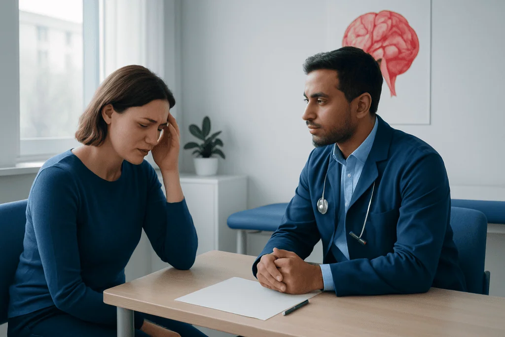Patient consulting with doctor about brain aneurysm symptoms in clinic.