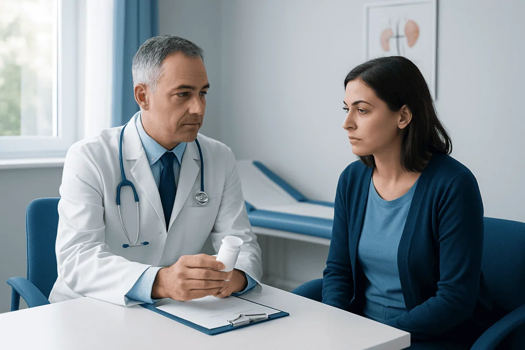 Doctor consulting a patient about medication in a clinical setting.