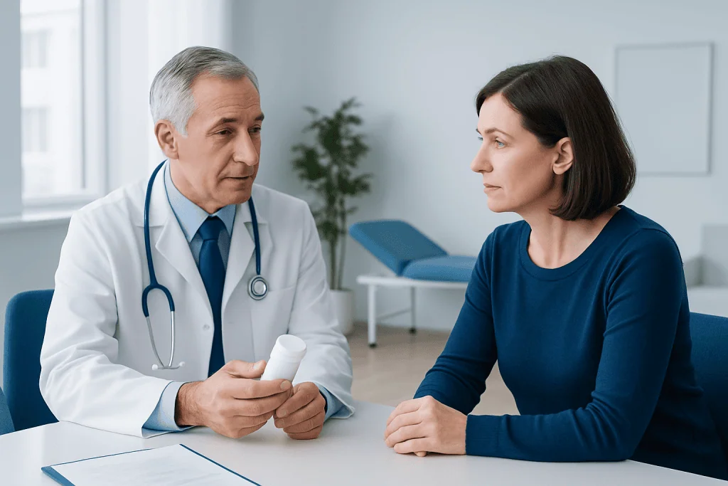 Doctor consulting with a female patient in a hospital setting.
