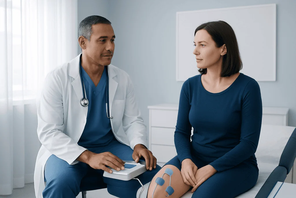 Doctor consulting female patient in a medical examination room.