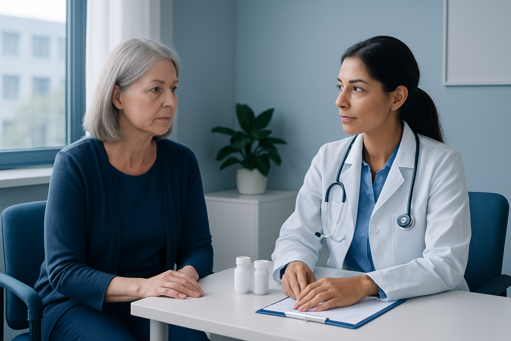 Doctor consulting with an elderly female patient in a medical office.