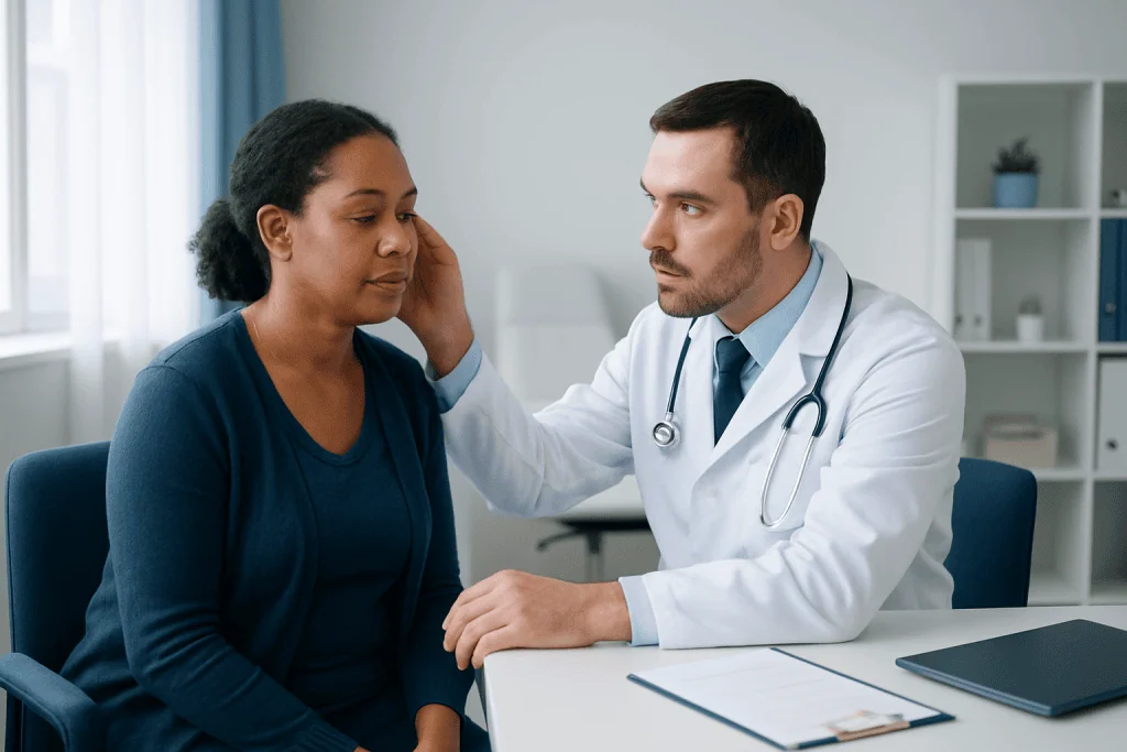 Doctor examining a patient's ear in a clinical setting.