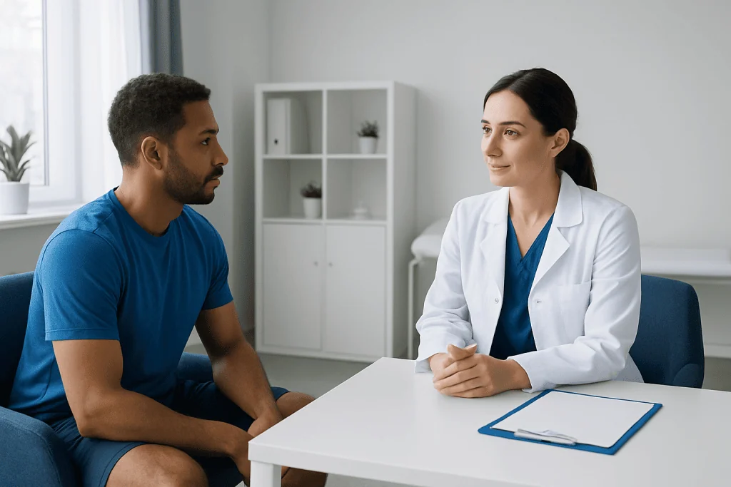 Doctor consulting with a patient in a modern clinic setting.