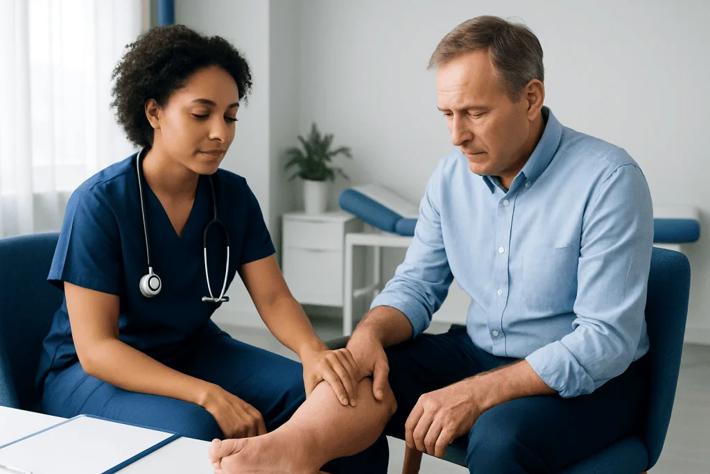Doctor examining patient's swollen ankle in a medical consultation.
