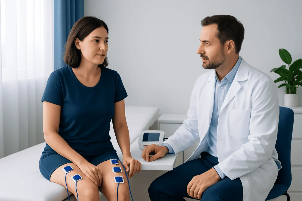 Doctor explains electrical muscle stimulation to a patient in a clinical setting.