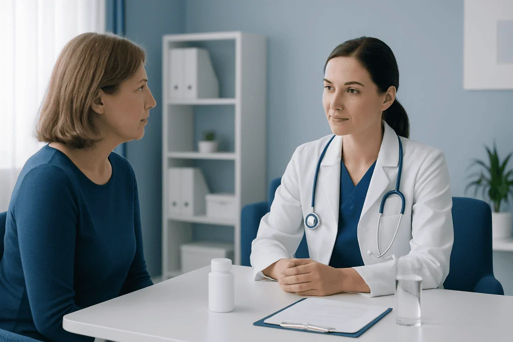Doctor consulting with a female patient in a medical office setting.
