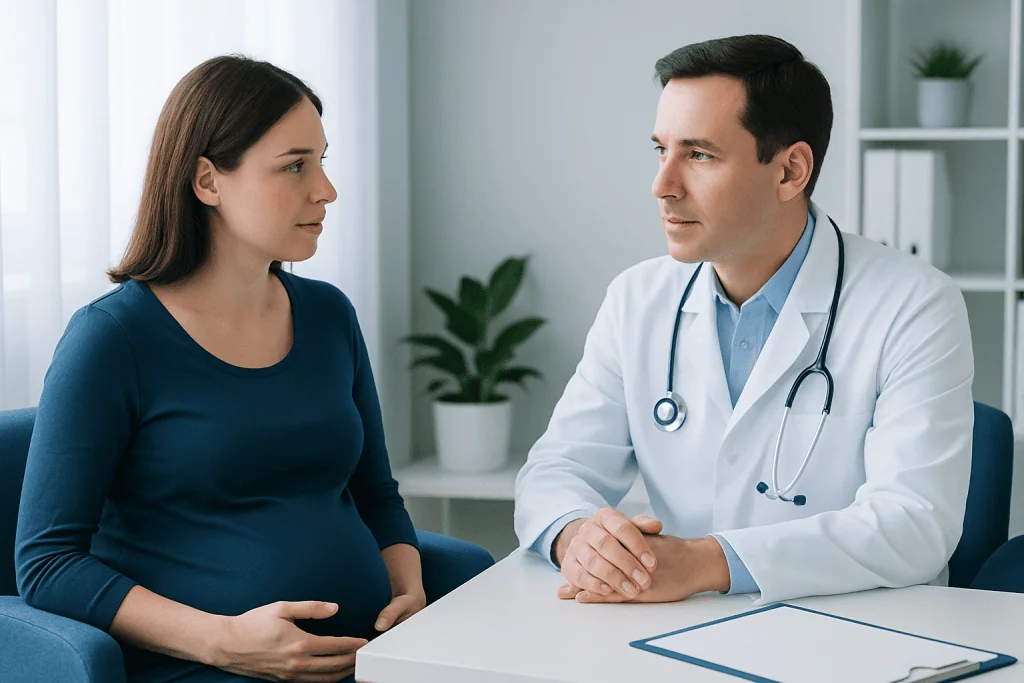 Doctor consulting pregnant woman in a medical office at Acibadem Hospitals Group.