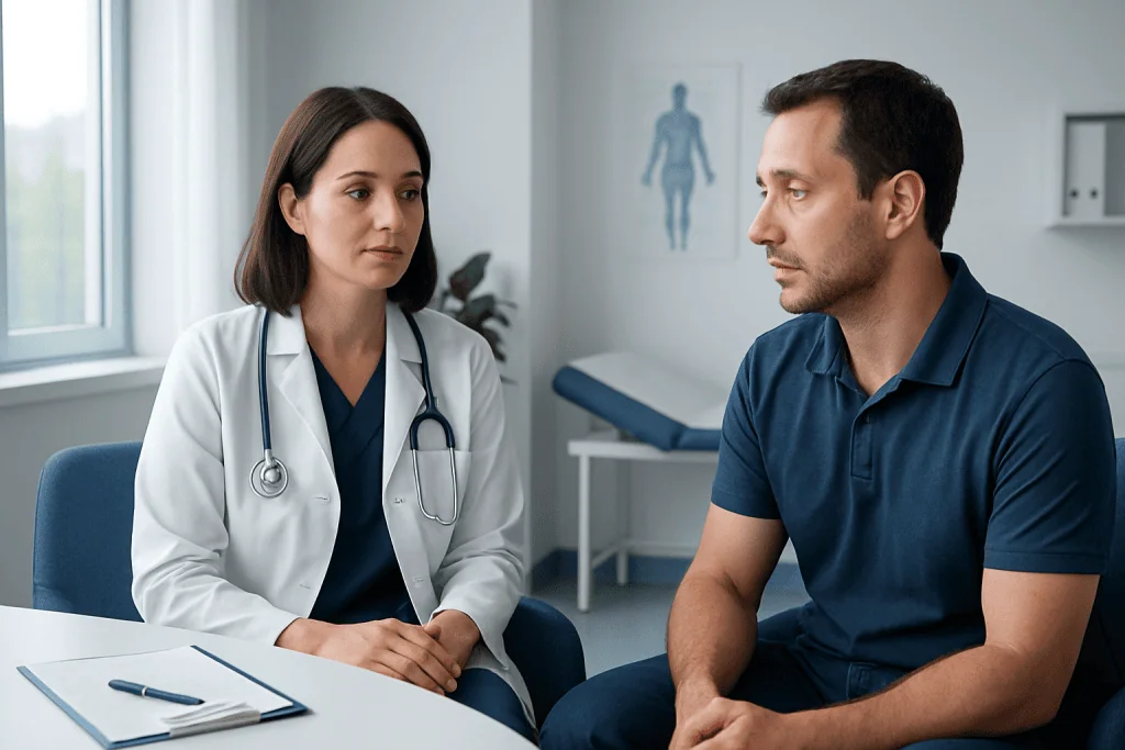Doctor consulting with a male patient in a medical office.