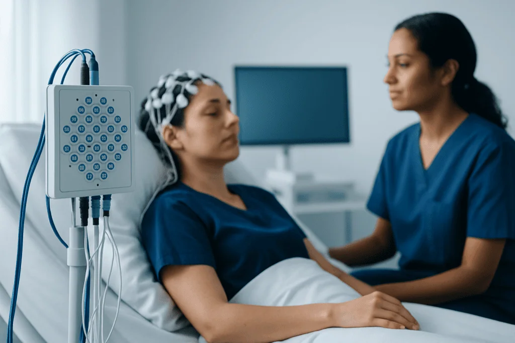 Patient undergoing 24-hour EEG monitoring in a hospital setting.