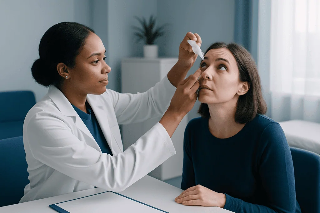 Doctor examining patient's eye in a clinical setting.