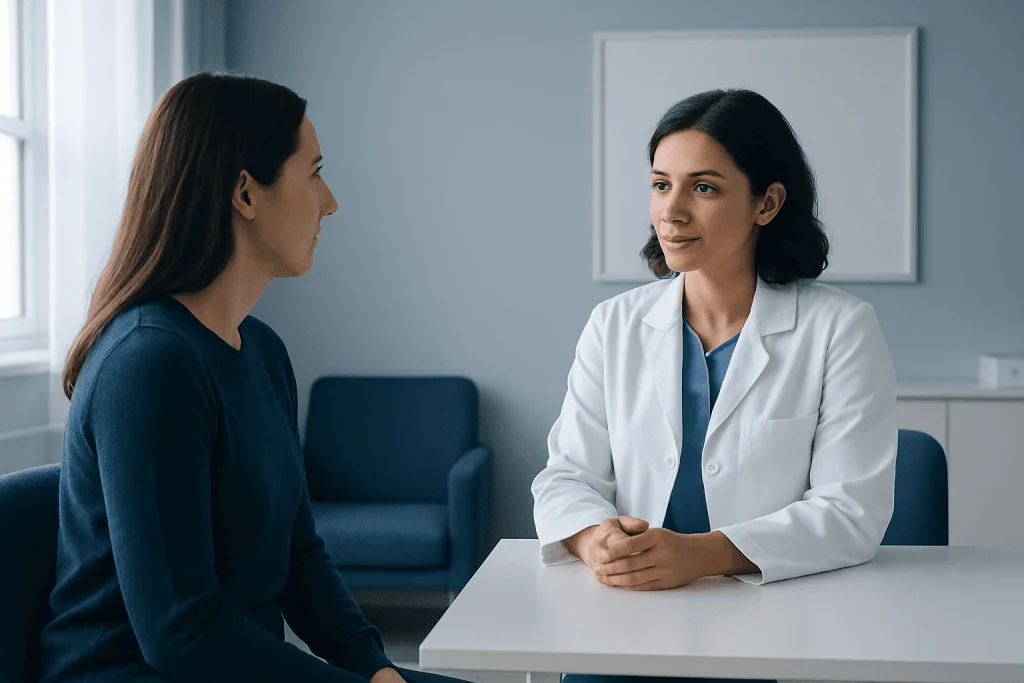 Doctor consulting with patient in a medical office setting.