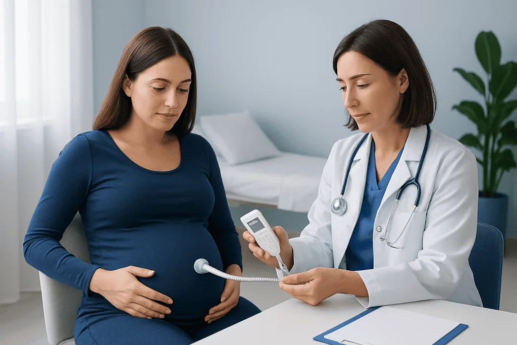 Pregnant woman undergoing fetal Doppler ultrasound at a hospital.