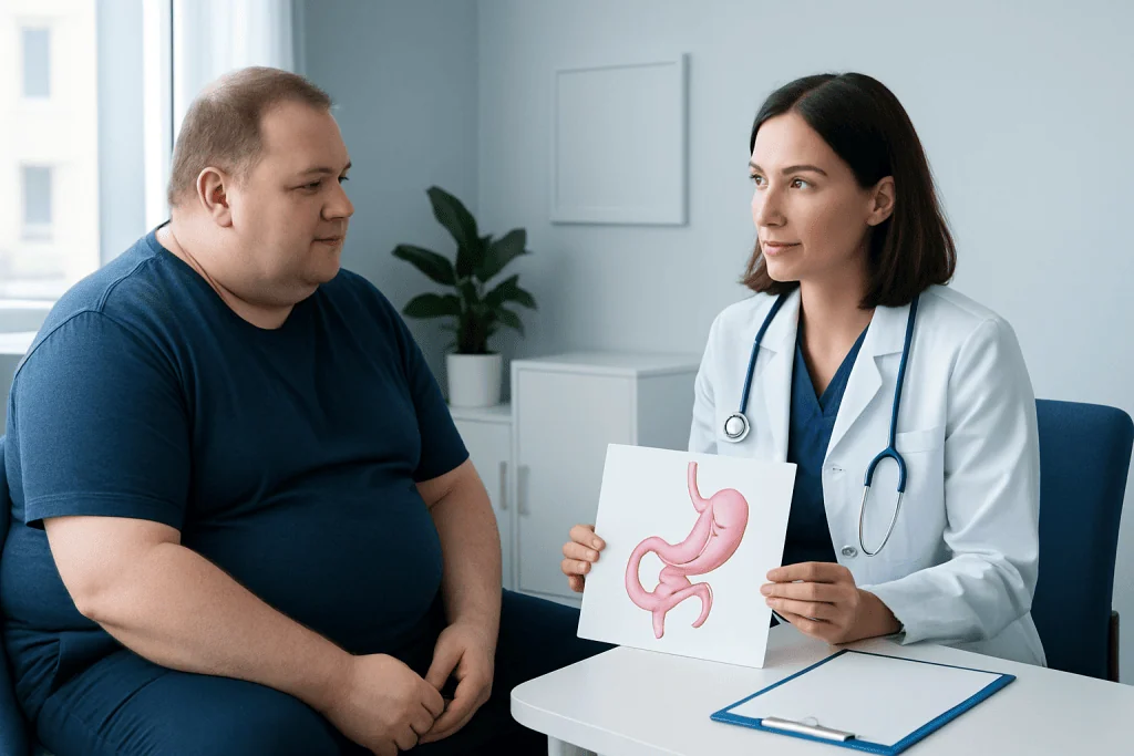 Doctor explaining stomach surgery options to a patient in a consultation room.