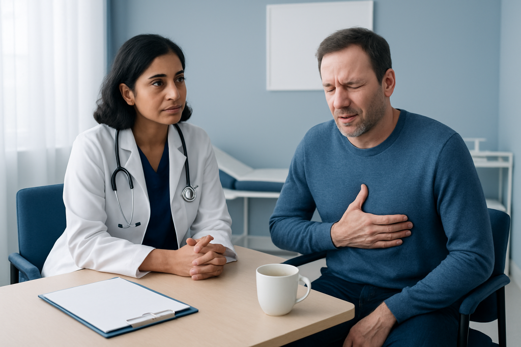 Doctor consulting with a patient experiencing stomach discomfort in a medical office.