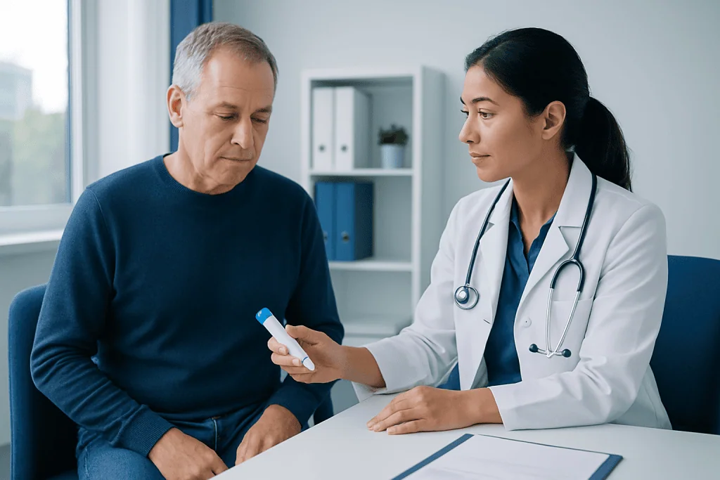 Doctor explaining medication to an elderly male patient in a clinic setting.