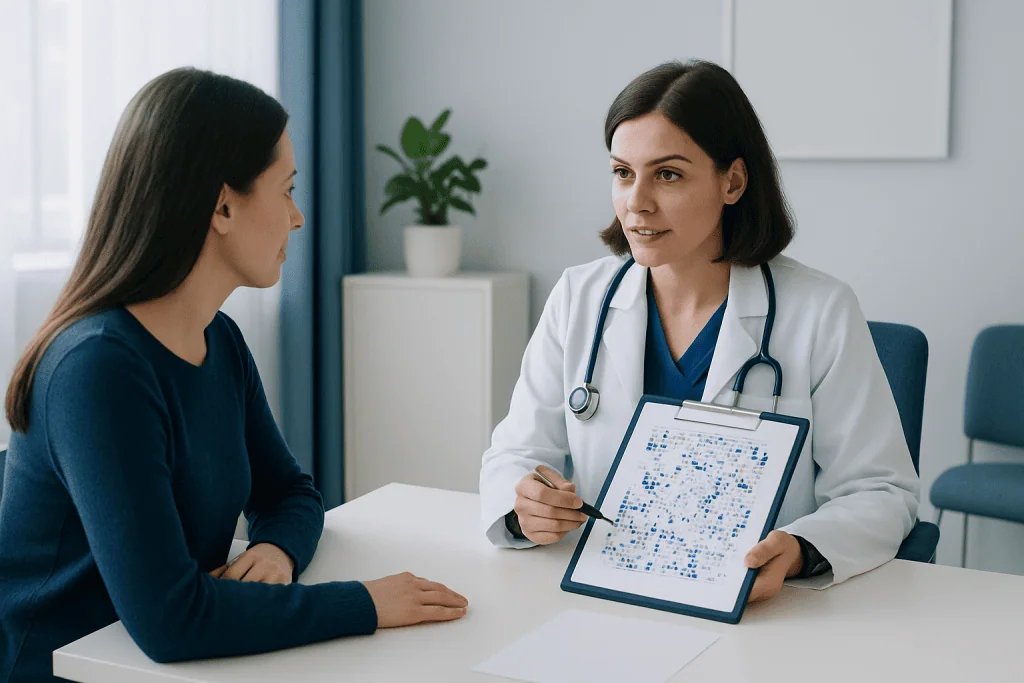 Doctor explaining Gram staining results to a patient in a medical consultation.