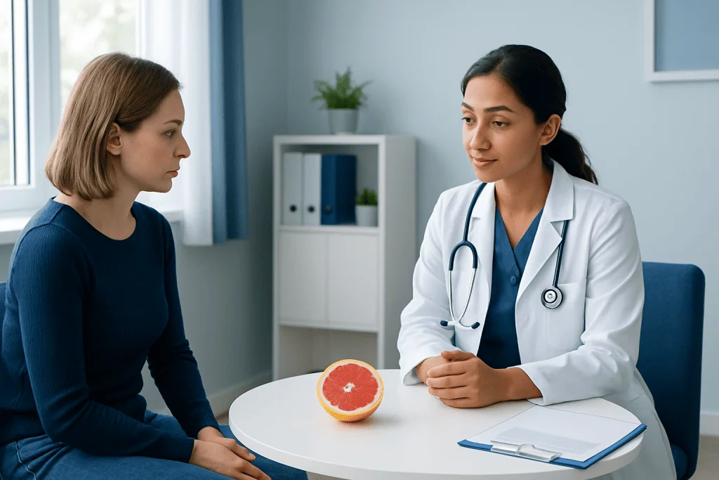 Doctor consulting a patient with a grapefruit on the table in a medical office.