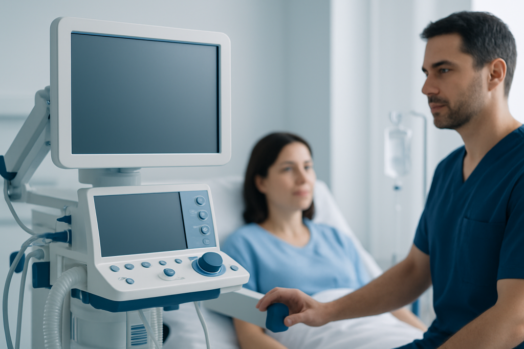 Medical professional operating ultrasound machine in hospital room.