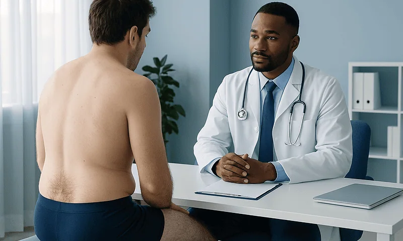 Doctor consulting with male patient in a medical office setting.