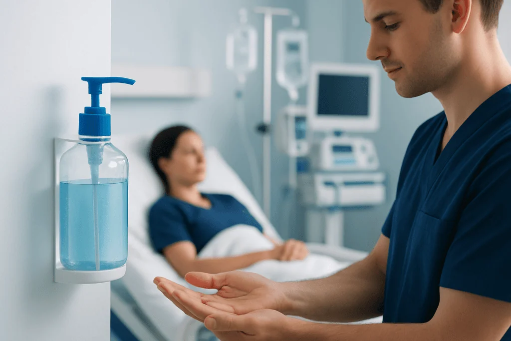 Healthcare professional preparing hand sanitizer in hospital room.