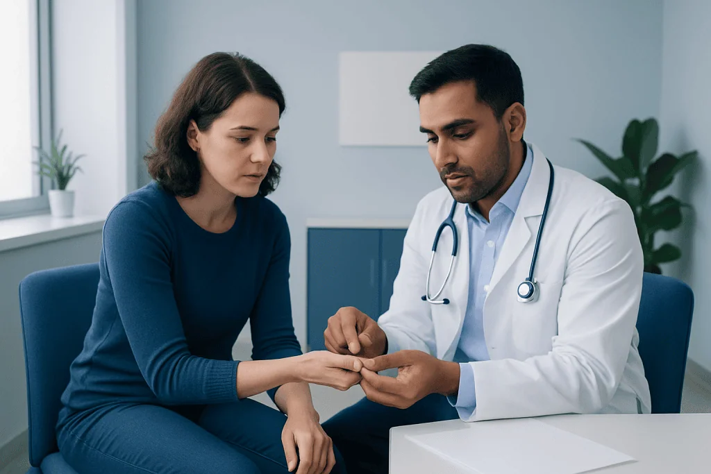 Doctor examining a patient's hand for thorn removal in a medical clinic.