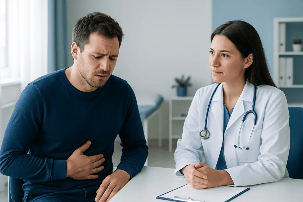 Doctor consulting with a patient experiencing stomach discomfort.