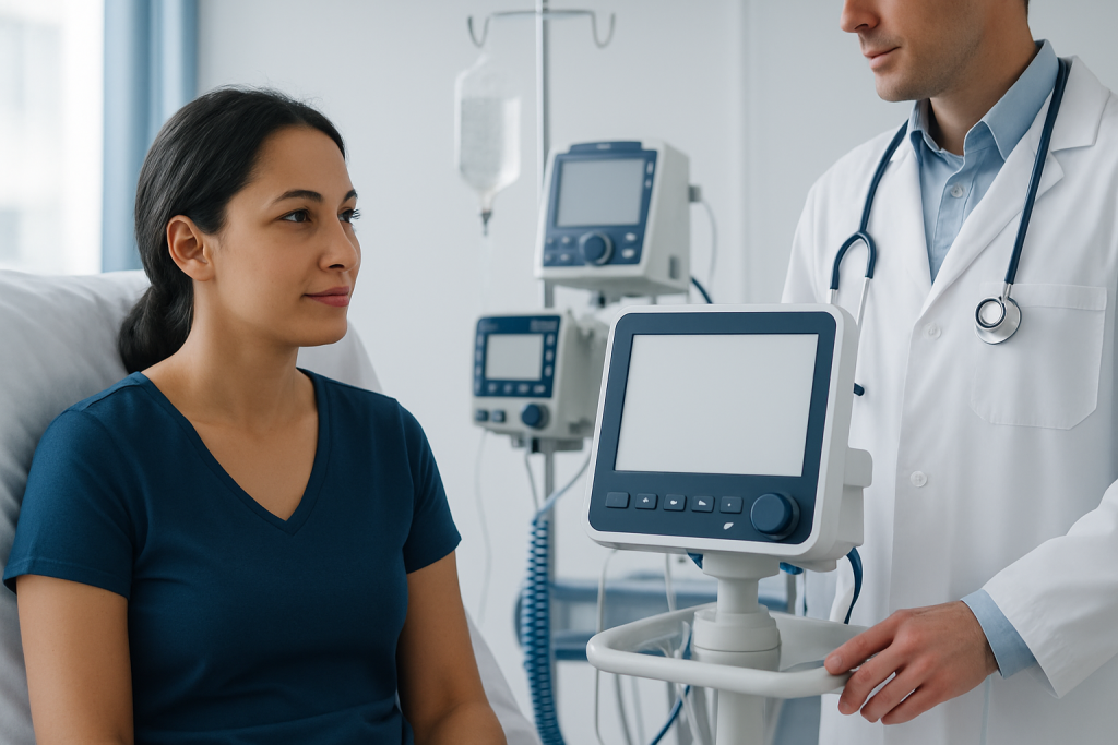 Patient consulting with doctor in hospital room with medical equipment.