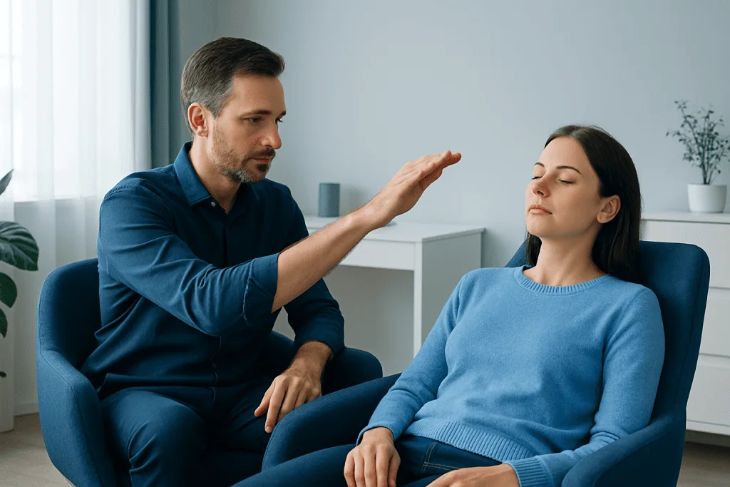Therapist conducting hypnosis session with a patient in a clinical setting.