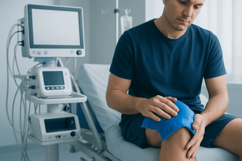 Young man with knee injury receiving medical care in hospital.