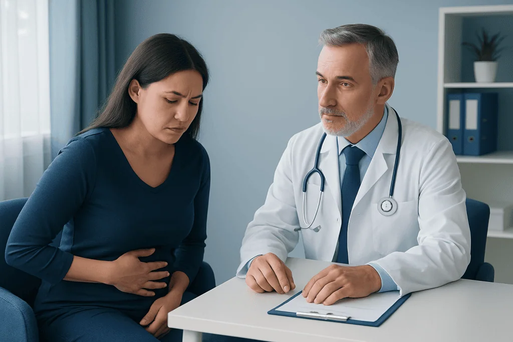Doctor consulting with a woman patient about health concerns in a clinic.
