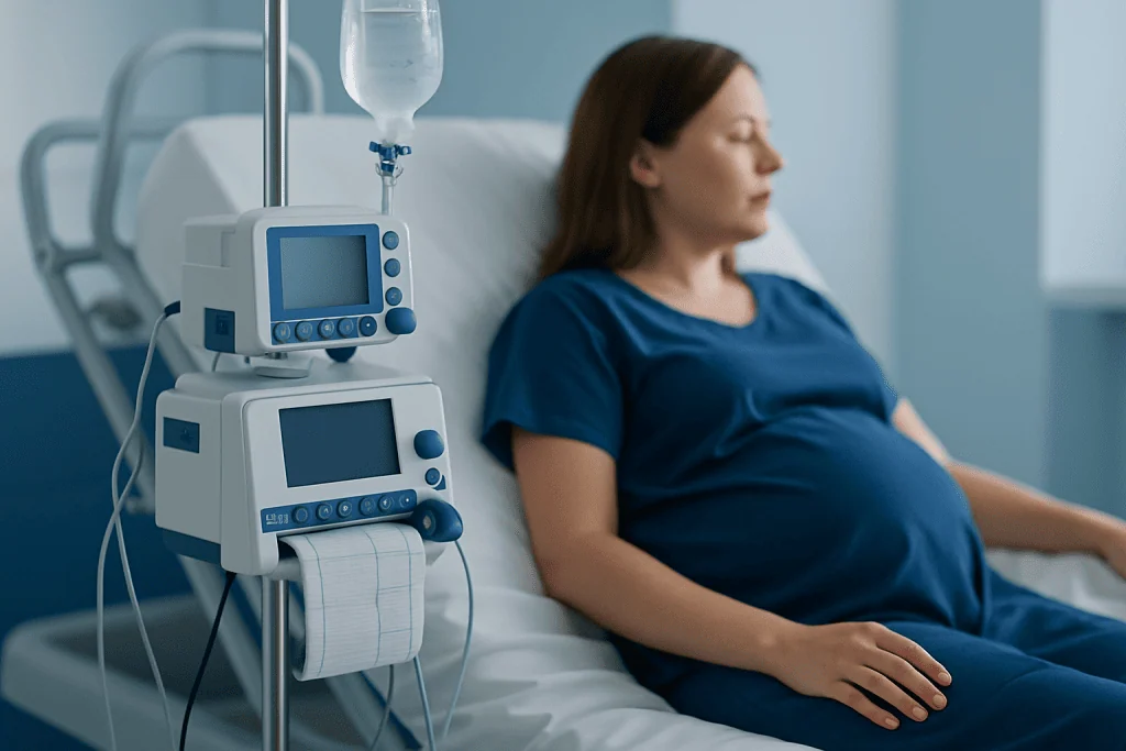 Pregnant woman in hospital bed with medical monitoring equipment.
