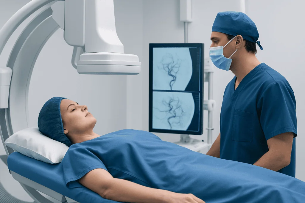 Medical professional prepares patient for cerebral angiogram procedure.