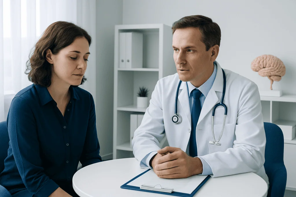 Doctor consulting with female patient in a medical office.