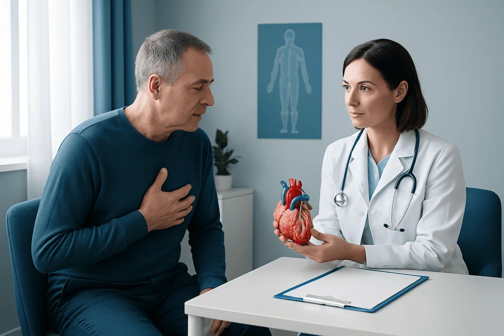 Doctor explaining heart health to a patient with a model of the heart.
