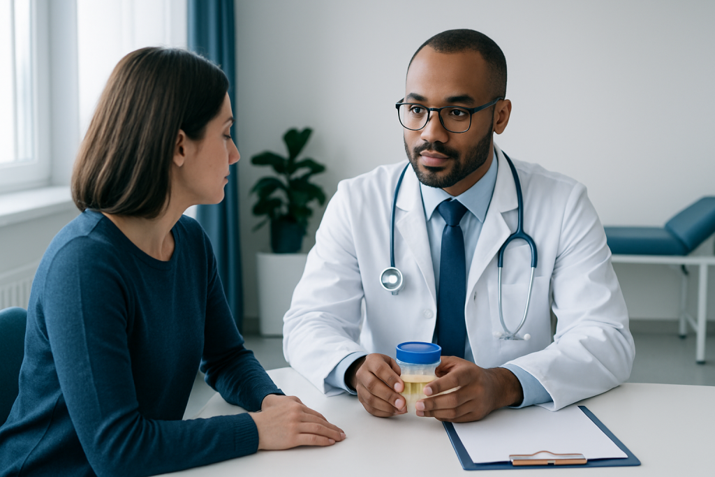 Doctor consulting with female patient in a medical office setting.