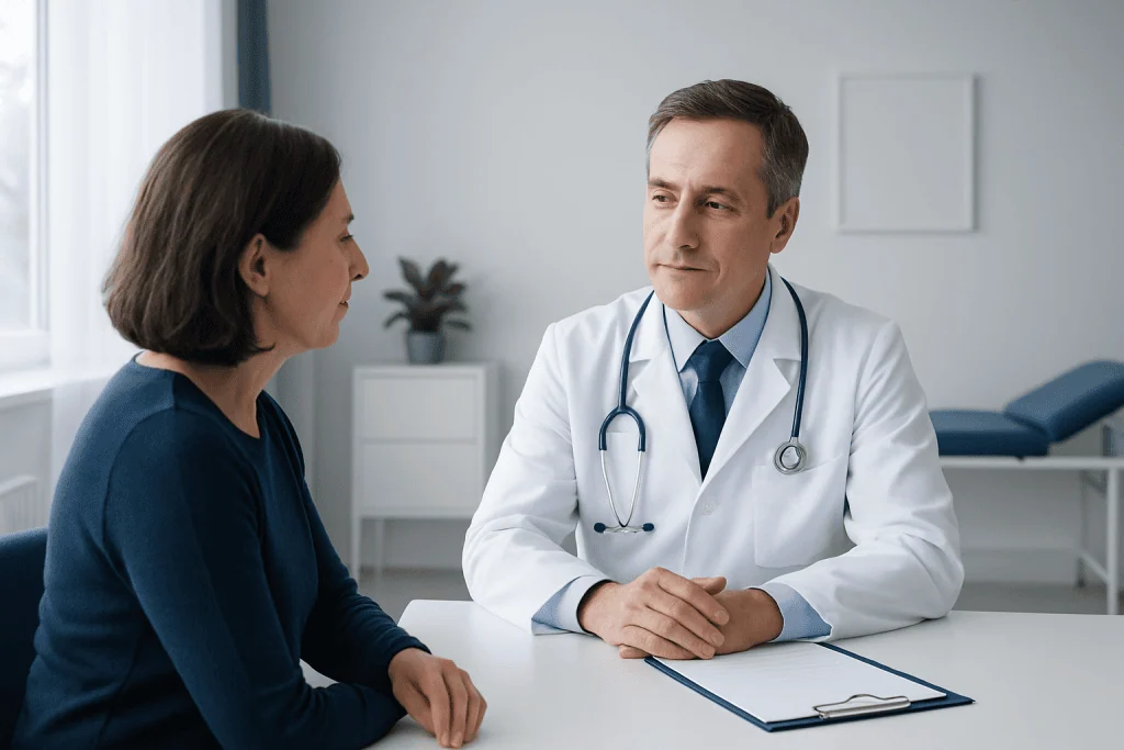 Doctor consulting with a female patient in a medical office.