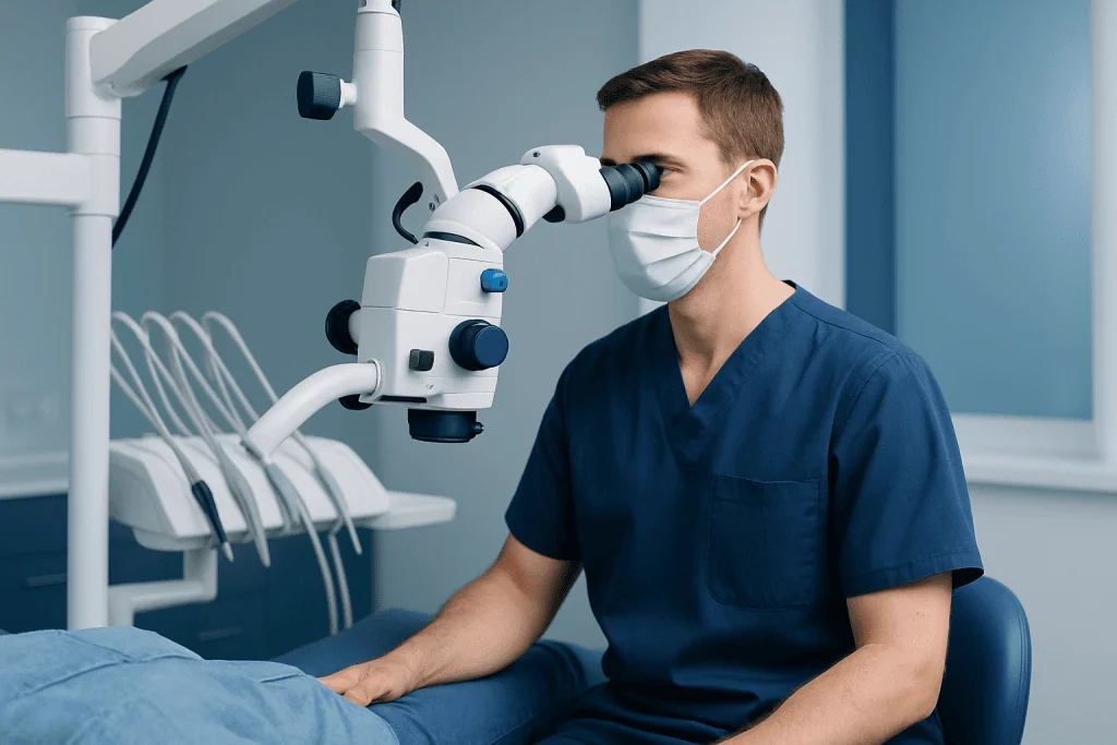 Dentist using a microscope during a dental examination at Acibadem Hospital.