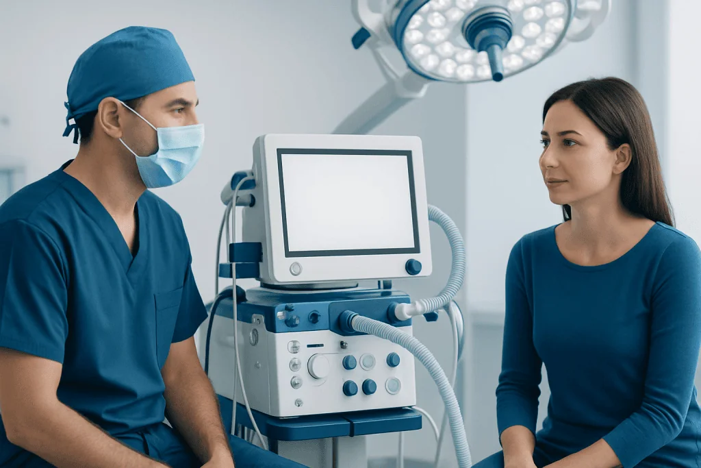 Medical consultation in a modern hospital with advanced equipment.
