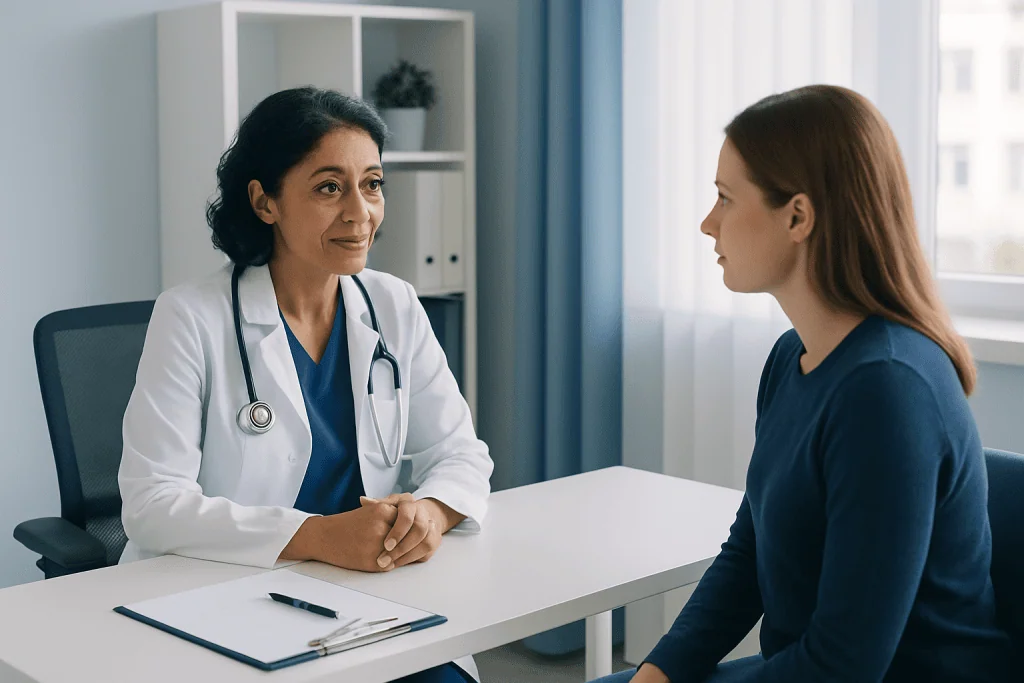 Doctor consulting with a young female patient in a medical office.