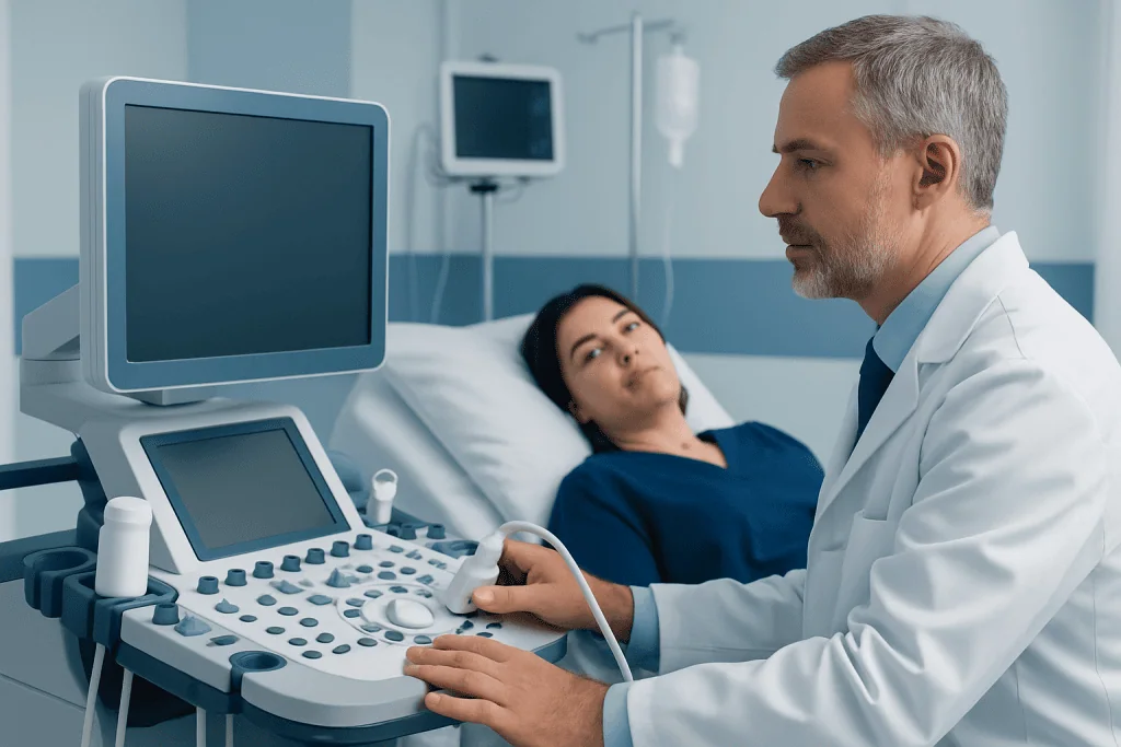 Doctor performing an ultrasound scan on a patient in a hospital room.