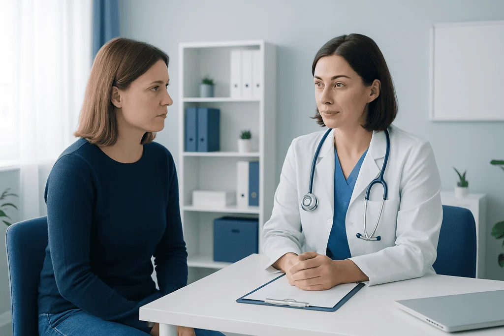 Doctor consulting with a female patient in a modern clinic setting.
