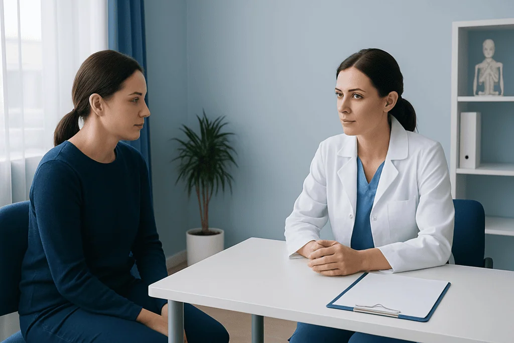 Doctor consulting with a patient in a medical office setting.