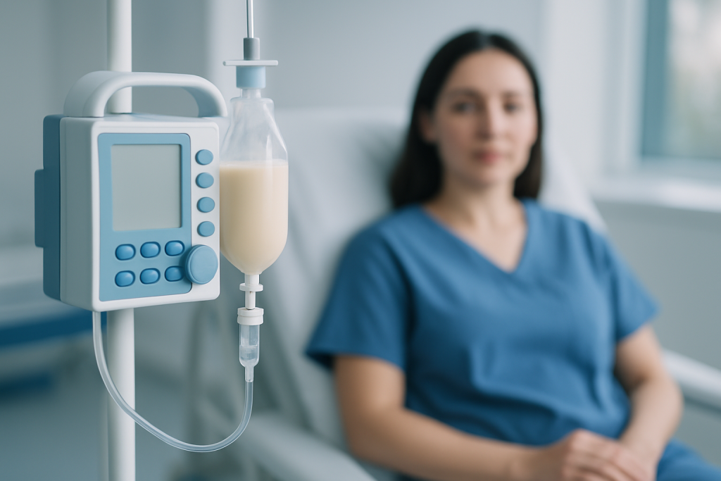 Patient receiving parenteral nutrition in a hospital setting with IV equipment.