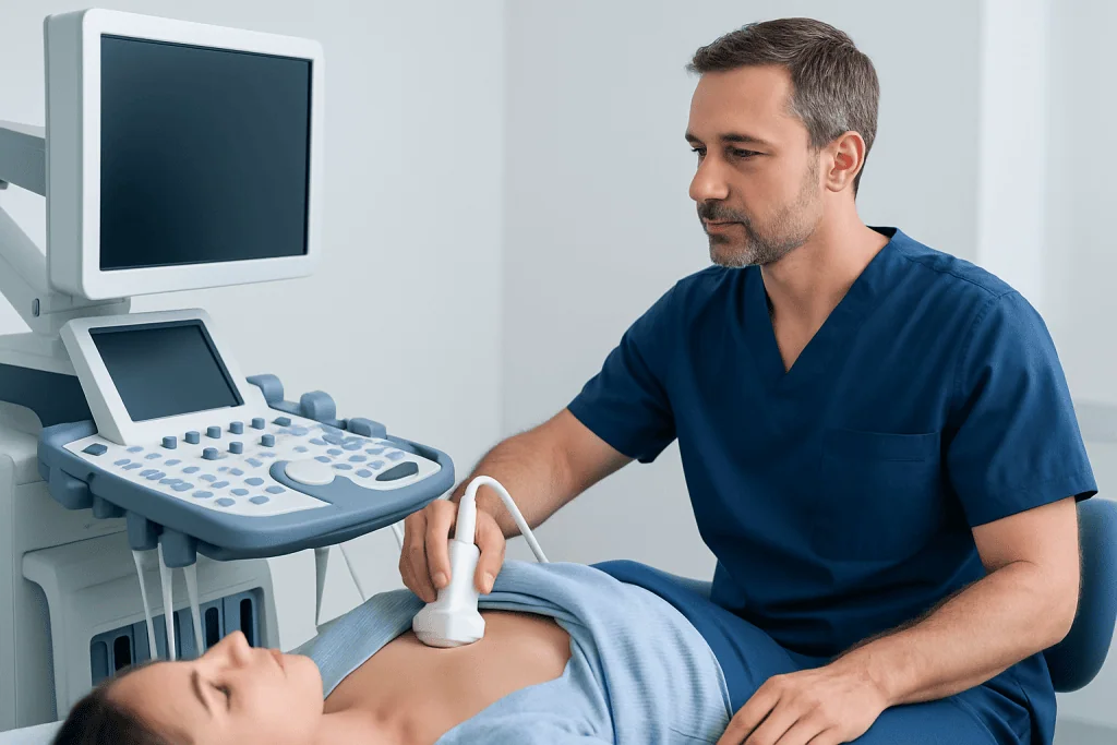 Doctor performing an abdominal ultrasound on a patient in a clinical setting.