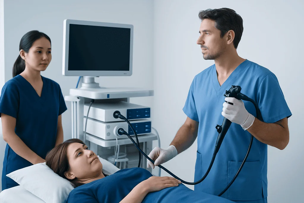 Doctor performing endoscopy on patient in hospital room.
