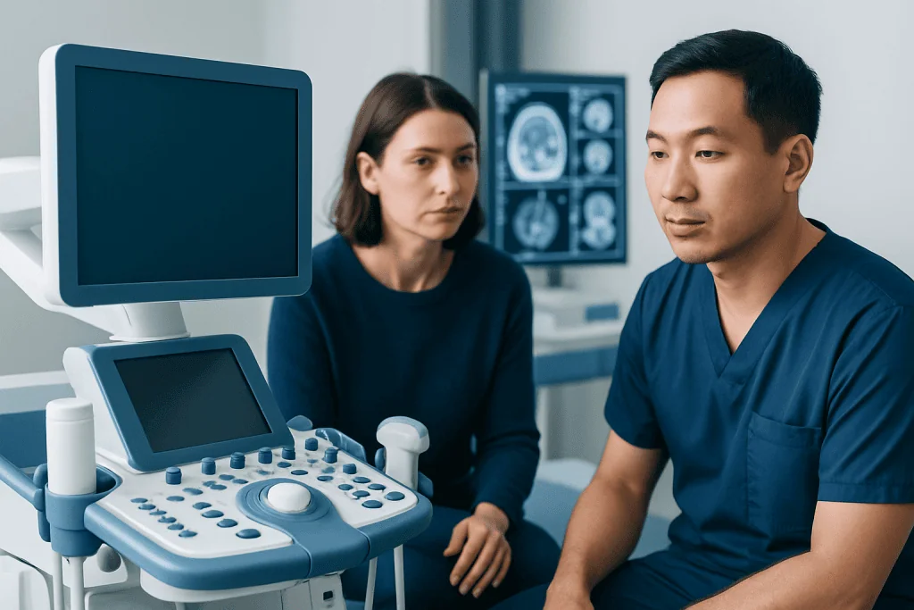Doctor and patient discussing medical images in a hospital setting.