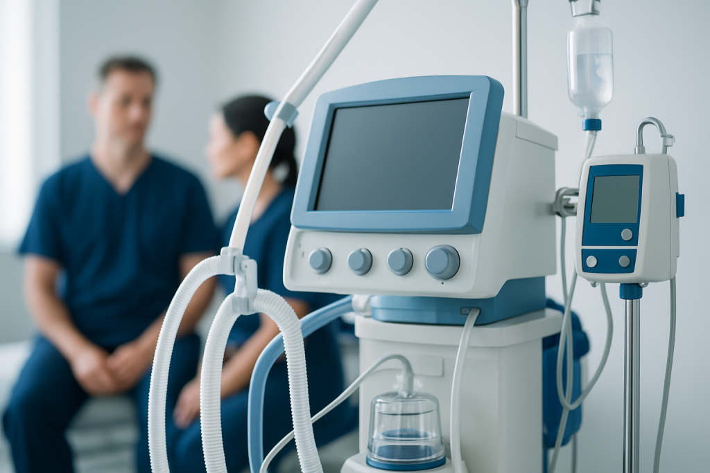 Medical ventilator machine in hospital setting with two healthcare professionals in background.
