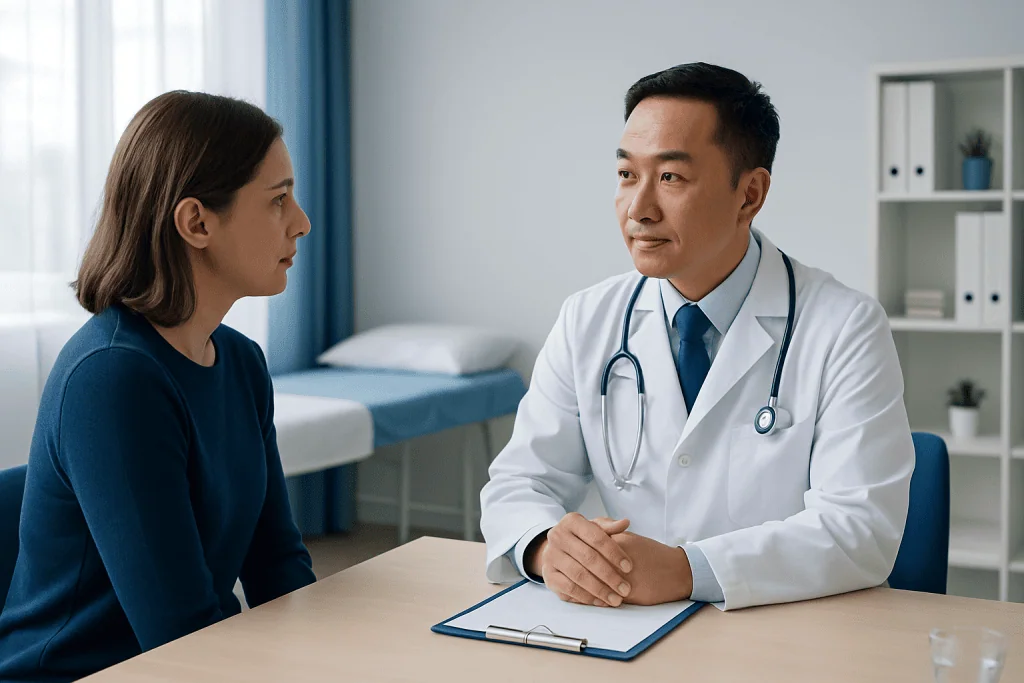 Doctor consulting with a female patient in a medical office setting.