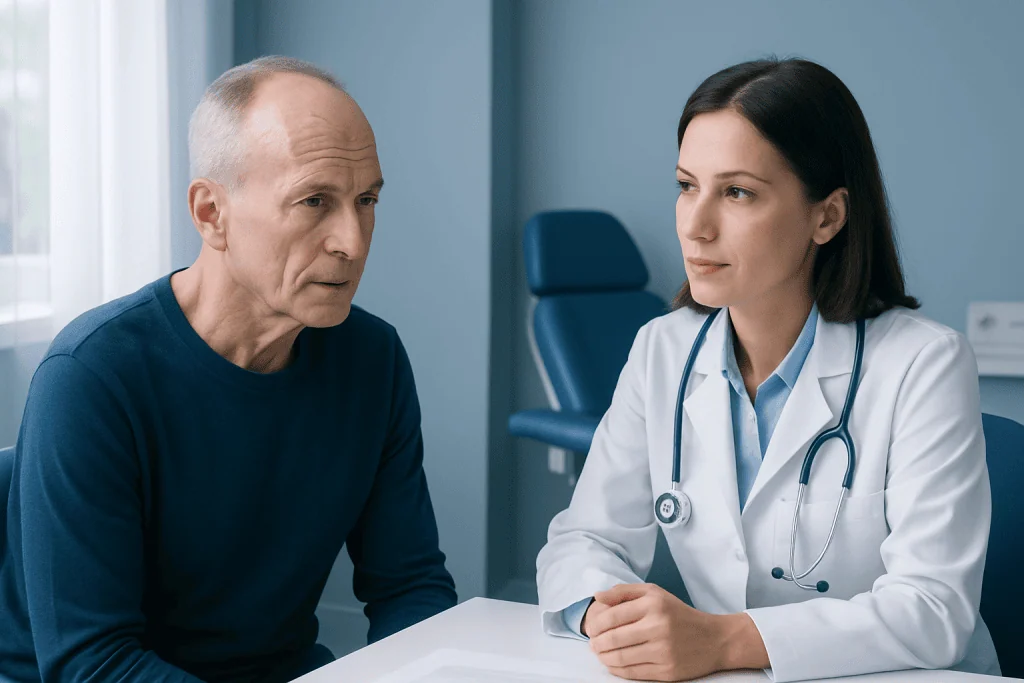 Doctor consulting with an elderly male patient in a medical office.